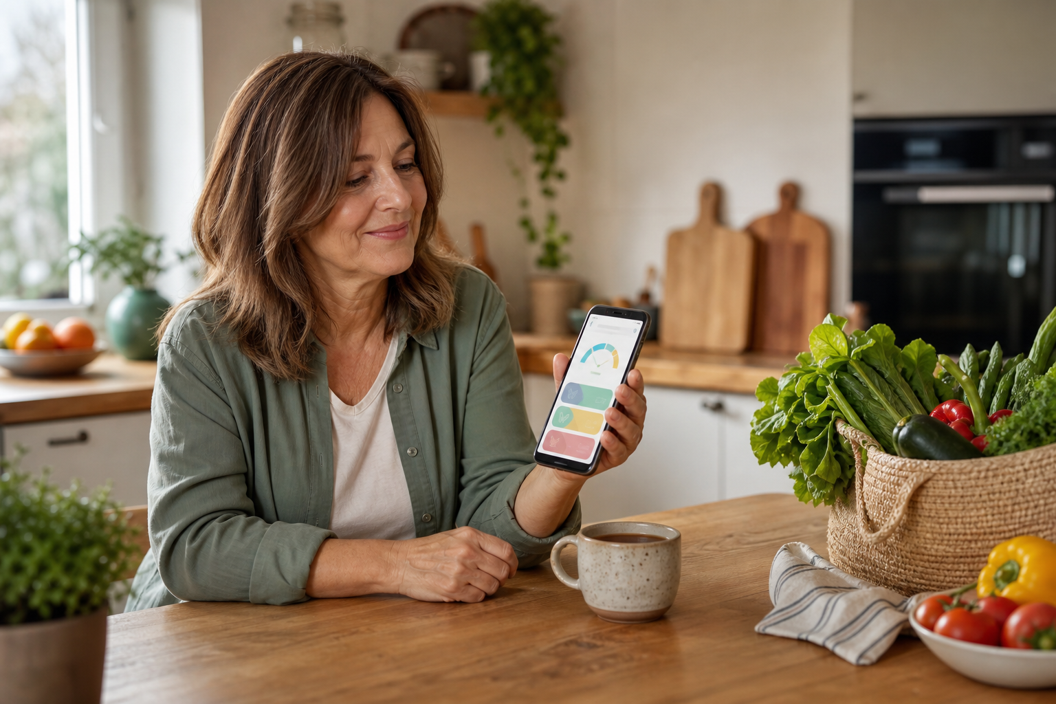 Person schaut zuhause auf eine Bewegungs-App am Smartphone